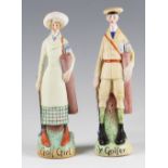 Pair of early 20th century Golfer Continental Bisque Figures one lady golfer titled ‘Golf Girl’, the