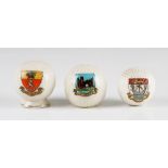 3x Various Ceramic Crested ware souvenir bramble golf balls – to incl an Orpington pepper pot ball