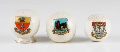 3x Various Ceramic Crested ware souvenir bramble golf balls – to incl an Orpington pepper pot ball
