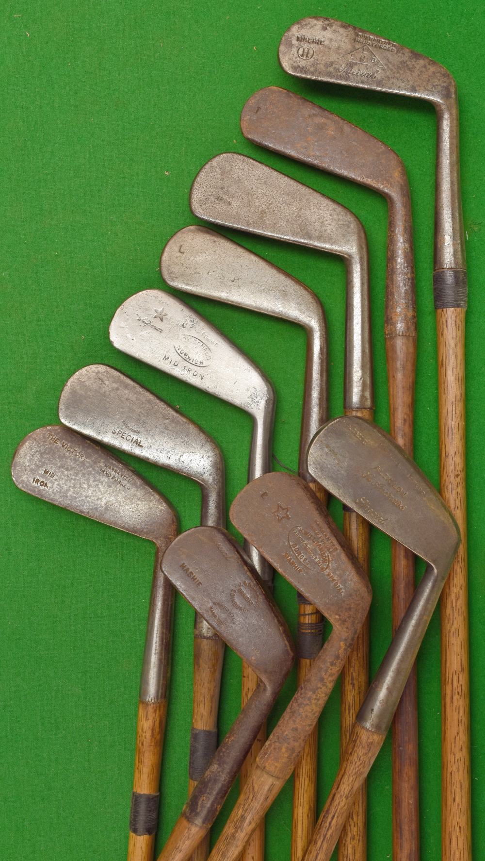 10 assorted irons – mainly mid irons and mashies by Gibson, Halley, The Victor, Condie et al – all