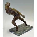 Large early 20th century Bronze Figure of Male Athlete Lunging over the Finish Line mounted on