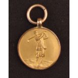 9ct gold golfer design fob hallmarked Birmingham 1924, length 2cm, weight 4.5 grams. From the estate