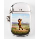 Edwardian Hallmarked Silver and Enamel Golfer Vesta Case depicting golfer in period dress with hilly