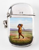 Edwardian Hallmarked Silver and Enamel Golfer Vesta Case depicting golfer in period dress with hilly