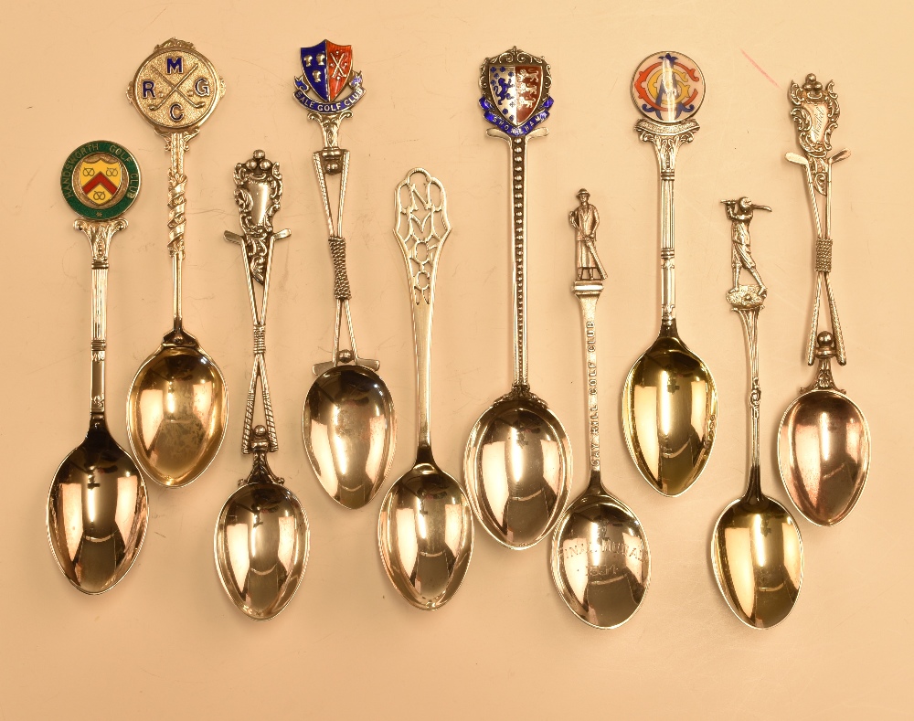 10x assorted hallmarked silver golf teaspoons – with assorted designs and hallmarks incl