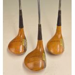3x good Macgregor Tourney MTW2 Persimmon Woods – Nos 1-4-5 woods light stained with central alloy