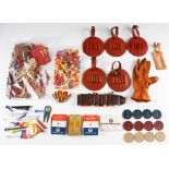 Large collection of various golf tees, leather tee bag holders, golf chips, period golf ball cleaner