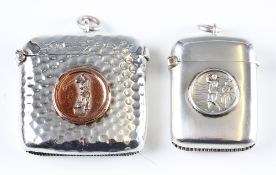 2x Edwardian Hallmarked Silver Golf Vesta Cases – one with planished finish with gold coloured
