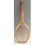 Superb fishtail wooden tennis racket with a concave wedge shoulder whipping, original thick gut