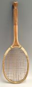 Superb fishtail wooden tennis racket with a concave wedge shoulder whipping, original thick gut