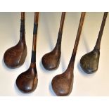 Selection of various size socket neck golf club woods (5) – James Braid driver, W Law Edinburgh