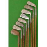 8 x various assorted L model irons - Condie, F H Ayres, Halley, Geo Adams – from mid-iron to niblick