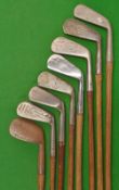 8 x various assorted L model irons - Condie, F H Ayres, Halley, Geo Adams – from mid-iron to niblick