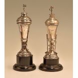 Two hallmarked silver lidded golfing trophies both having golf design to bodies with golfer design