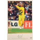 Shane Warne signed Cricket Colour Print depicting Warne in action during the 1999 ICC World Cup as