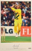 Shane Warne signed Cricket Colour Print depicting Warne in action during the 1999 ICC World Cup as
