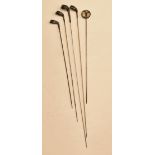 Group of 5 silver topped golf hat pins 4 of golf club design, 3 hallmarked and one stamped Silver (