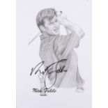 Nick Faldo – signed golf sketch print – by D A Jones and dated 2002 - overall 11.75 x 8.25”