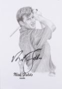Nick Faldo – signed golf sketch print – by D A Jones and dated 2002 - overall 11.75 x 8.25”