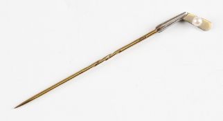 White Gold Golf Club Stick Pin - 18ct with seed pearl ball to head, stamped to shaft ‘18ct’,