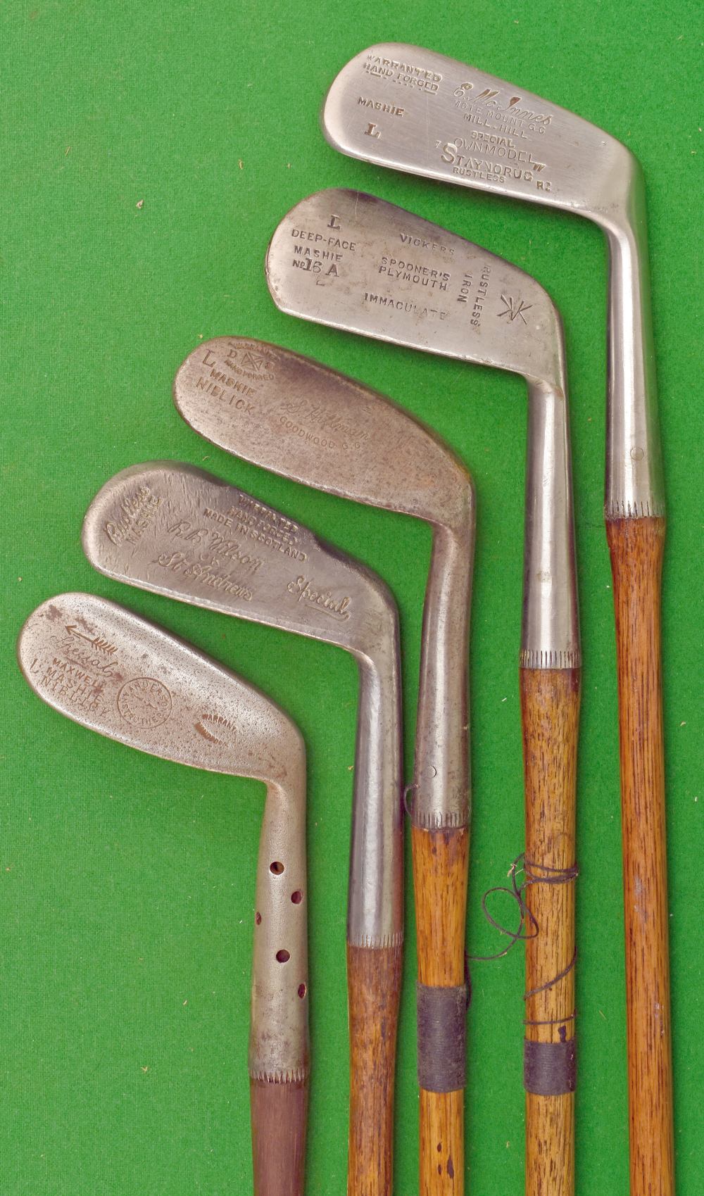 5x various irons – R B Wilson St Andrews mussel back mashie and 4x other “L” models incl Staynorus