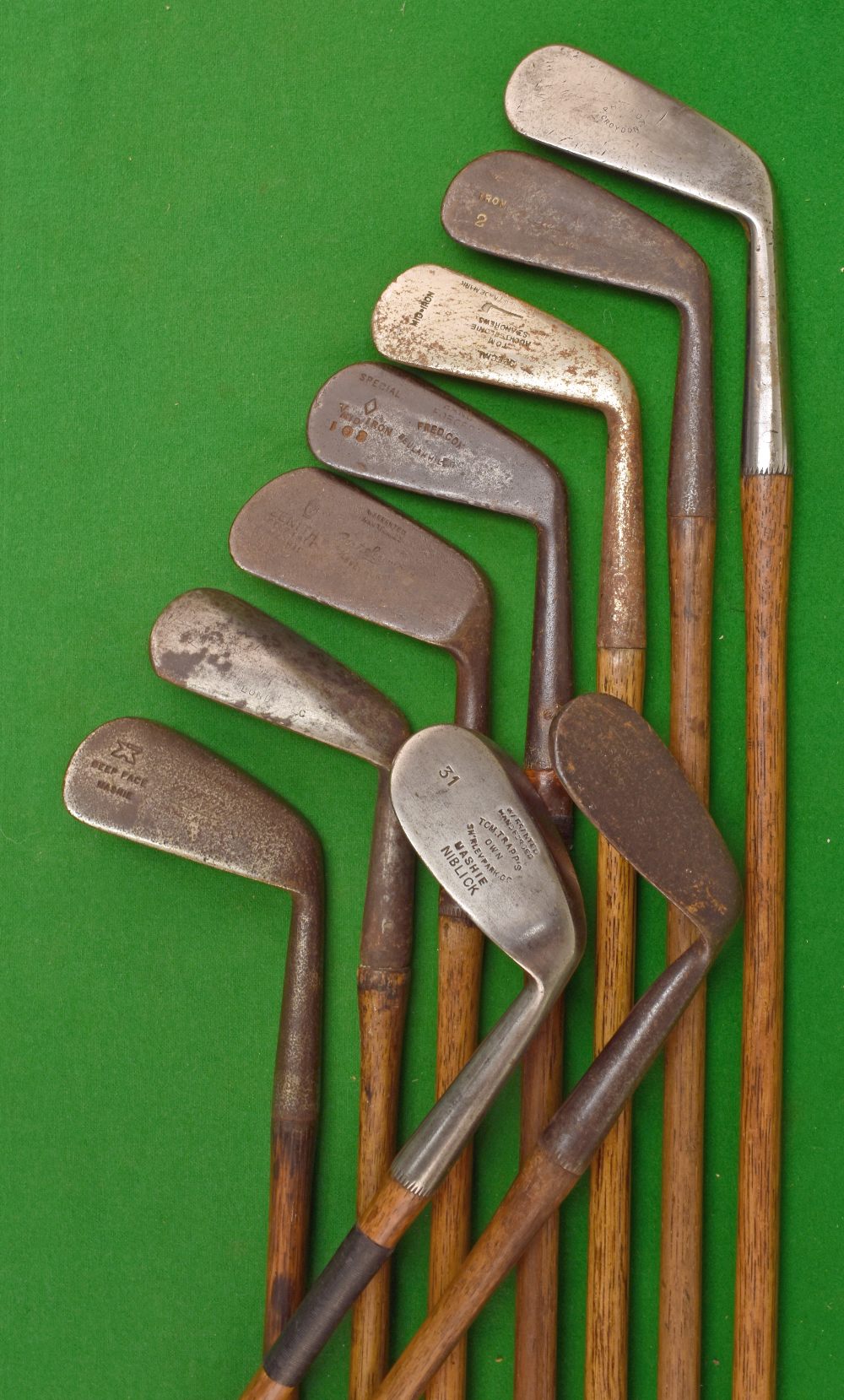 9x assorted mid irons and mashies irons - in Tom Stewart mid iron, Tom Trapp No.31 mashie niblick,