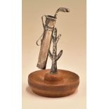 Hallmarked silver hatpin stand and ring holder in the form of a golf bag leaning against a tree