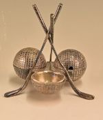 Victorian silver plated golf ball cruet set with stand shaped as 3 leaning longnose golf clubs,