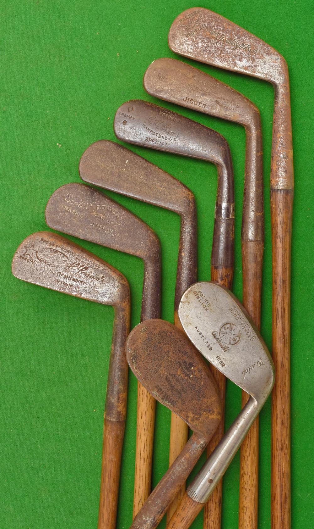 Selection of various irons (8) - J L Co Glasgow mashie niblick, R Condie niblick, R Forgan Scotia