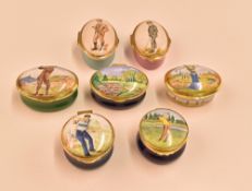 7x enamel boxes with golfing designs to include 2x Staffordshire Enamels with Vanity Fair by Spy