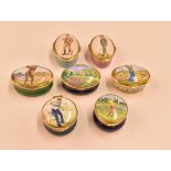 7x enamel boxes with golfing designs to include 2x Staffordshire Enamels with Vanity Fair by Spy