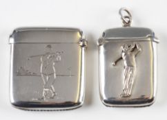 2x Silver Golf Vesta Cases – both hallmarked Birmingham 1938, one of plain form with raised golfer