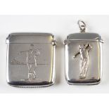 2x Silver Golf Vesta Cases – both hallmarked Birmingham 1938, one of plain form with raised golfer