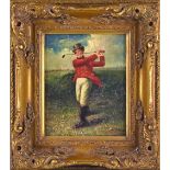 Golf Oleograph on board – of 1820s period golfer wearing red tails at the finish of his swing