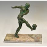 Early 20th century Spelter Football Figure depicting an action scene, mounted to marble base,