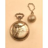 Orisa white metal pocket watch with golfing scenes design to front and back, with 17 jewel inca bloc