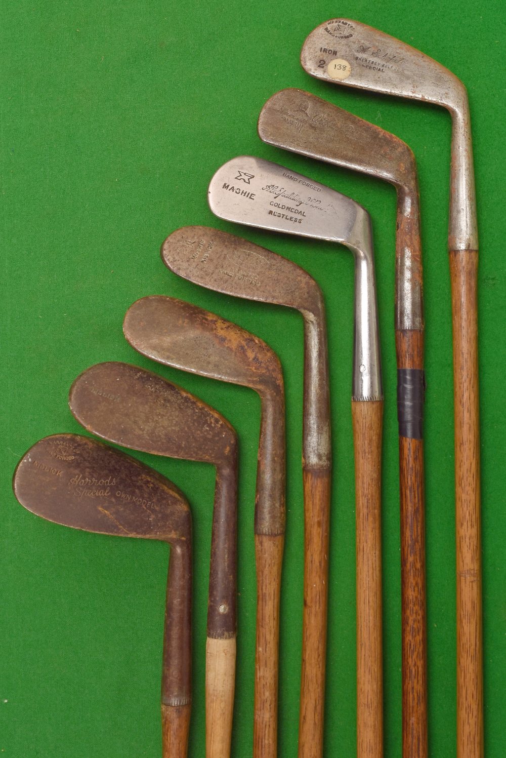 7x assorted irons – Spalding Anvil Mark mashie, Bishop and Hendry Special Round back mashie, Allan
