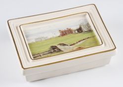 Bill Waugh GolfRoyal English Porcelain Card Box with St Andrews golf course design to lid with