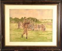 H Greene – Charles Whitcombe golfing water colour - signed H Greene depicting Whitcombe on the tee