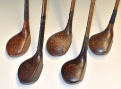 Selection of various size scare and socket neck golf club woods (5) – 3x drivers, brassie and