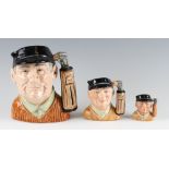 Graduating Set of 3 Royal Doulton ‘Golfer’ Character Jugs largest D6623, D6756, D6757, all in good