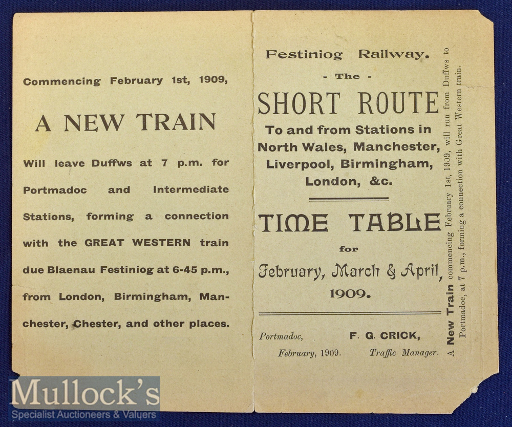 Festiniog Railway 1909 Time Table Fold out card Time Table detailing the 5 daily trains of their