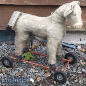 Rare Triang Ride Along Donkey on steel frame, missing handle to rear, wear to mohawk and cotton