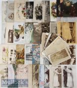Group of Early 20th century Military Postcards incl comical, bomb damage scenes, naval, WW1 tank,