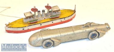 Silver Bullet Land Speed Record Toy Car missing wing to back, together with small wooden model