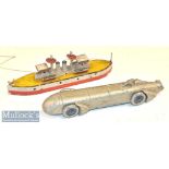 Silver Bullet Land Speed Record Toy Car missing wing to back, together with small wooden model