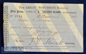 The Great Northern Railway “Free Pass”. 1852 Early Paper Ticket for a 2nd Class Free Pass from