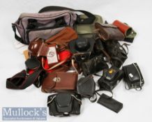 Quantity of camera and lens cases many leather with makers including Ensign, Petri, Agfa, Bolex,