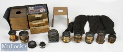 Selection of various brass camera lenses to include a Construments Set of interchangeable parts (