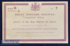 Queen Victoria’s Funeral 1901 Special Admission Ticket No.7 to Reserves Enclosure at Paddington